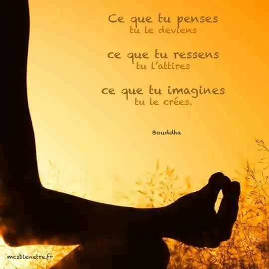 Silhouette en méditation au coucher du soleil avec citation inspirante de Bouddha sur la pensée, le ressenti et l'imagination