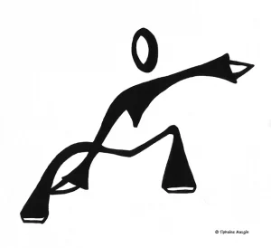 dessin abstrait d'une silhouette noire stylisée en position dynamique avec une jambe levée et un bras tendu