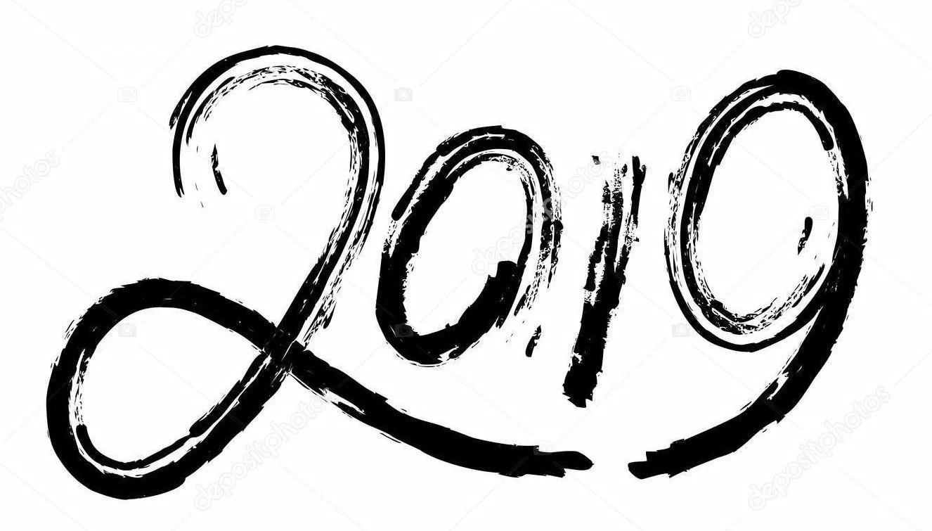 Chiffres noirs calligraphiés 2019 sur fond blanc avec effet pinceau