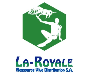 Logo de La Royale Ressource Vive Distribution S.A. avec figure humaine et insecte stylisé sur fond vert hexagonal