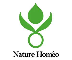 Logo vert avec feuille et goutte d'eau, texte Nature Homéo