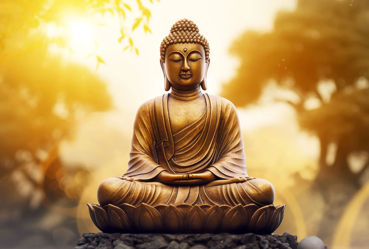 Statue de Bouddha devant un fond de forêt illuminé par le soleil